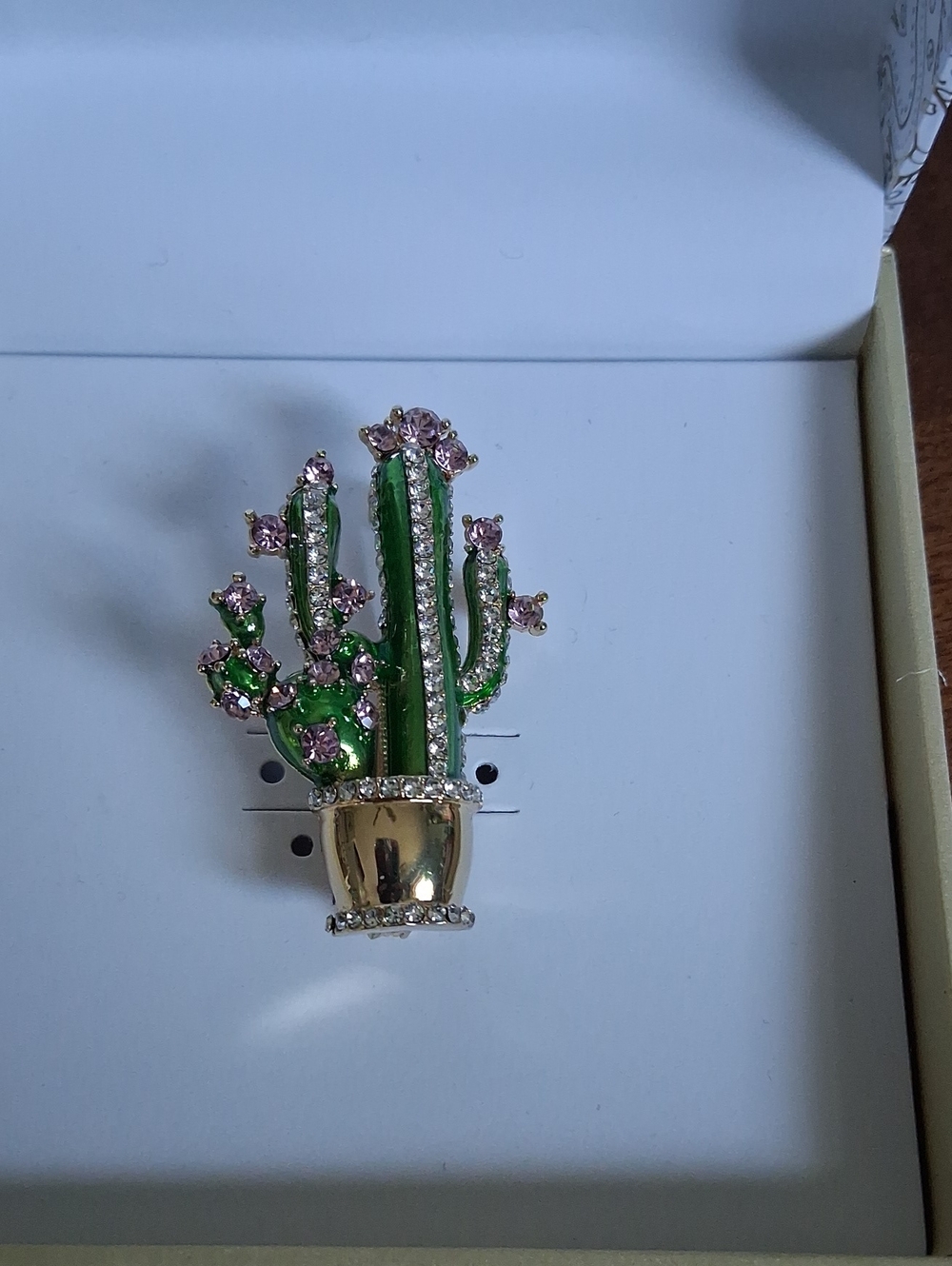 Cactus Brooch by Cactus with Green Enamel & Pink Crystals
